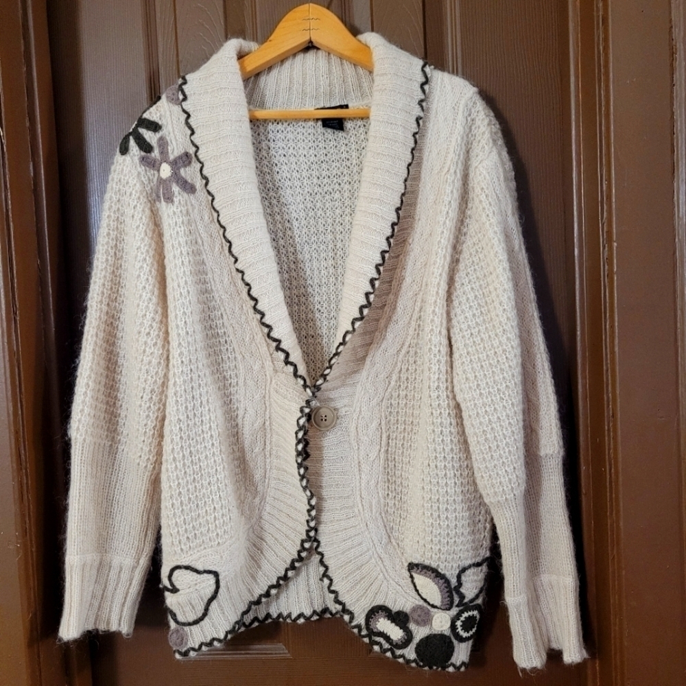 TallyHo mohair wool blend beige shawl collar crochet patch detail cardigan